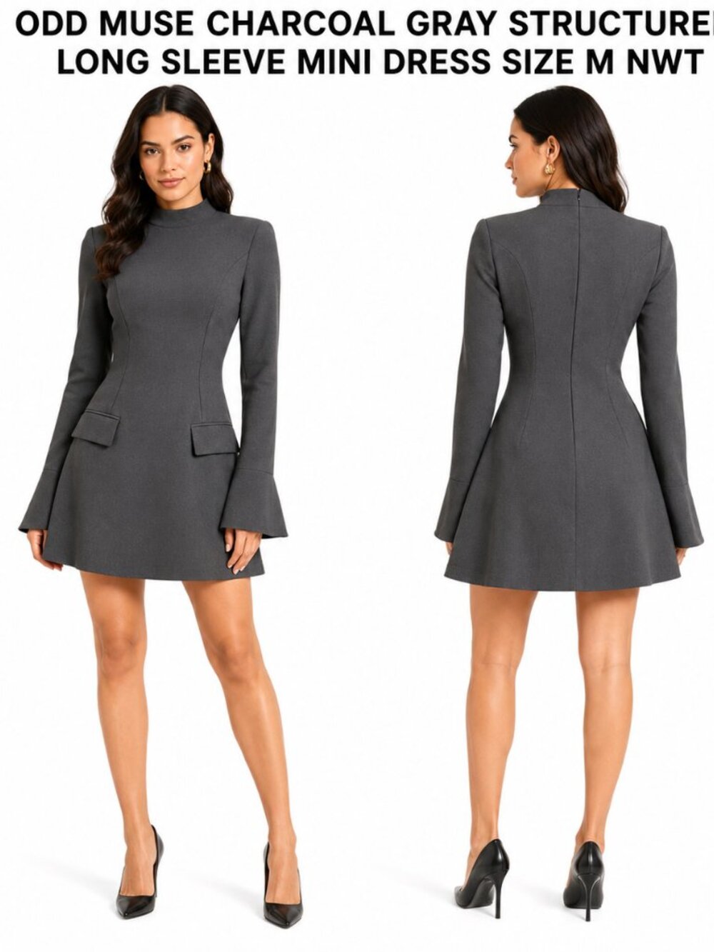 Odd Muse Charcoal Gray Structured Long Sleeve Mini Dress Size M NWT
